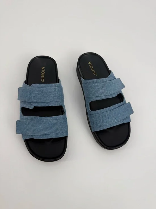 Vionic Riviera Platform Blue Denim Double Strap Slide Sandals Adjustable Velcro - Picture 11 of 15
